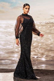 Black Sequined Mermaid Tulle Long Sleevs Evening Dresses with High Neck