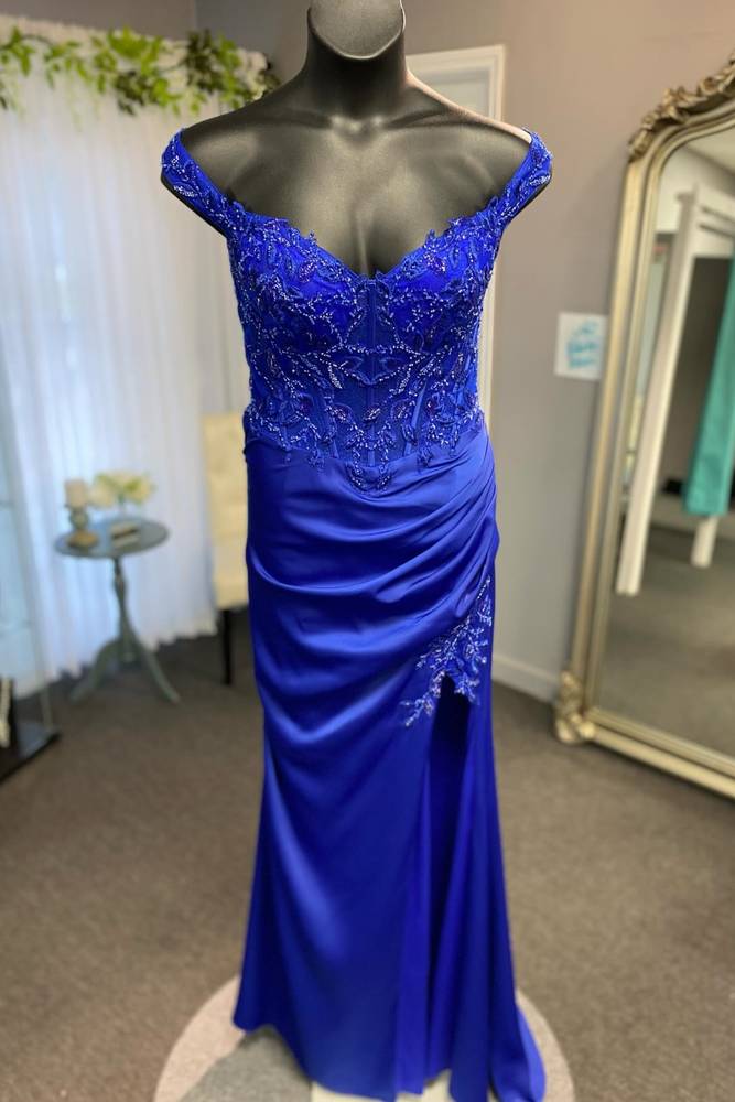 Royal Blue Fuchsia Split Front Off-The-Shoulder Satin Mermaid Long Prom Dresses