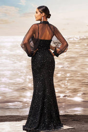 Black Sequined Mermaid Tulle Long Sleevs Evening Dresses with High Neck