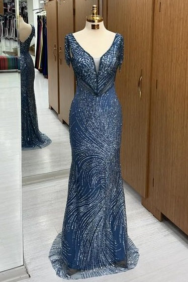 Fabulous Sequined  Sweep Train V-Neck Sleeveless Mermaid Prom Dresses with Tassel