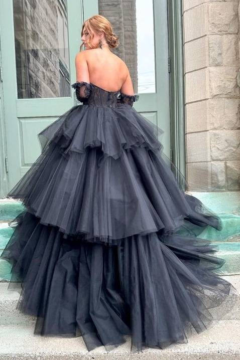 Black Strapless Ball Gown Tulle Wedding Dresses with Detachable Sleeves