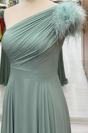 Glamorous Floor-Length One-Shoulder Sleeveless A-Line Chiffon Prom Dresses with Fur