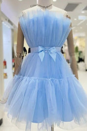 Sky Blue Strapless Short A-Line Tulle Homecoming Dresses with Sash