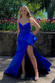 Royal Blue V-Neck Strapless Mermaid Split Front Prom Dresses with Bow