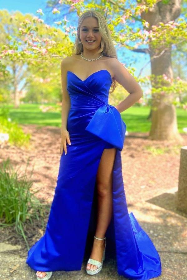 Royal Blue V-Neck Strapless Mermaid Split Front Prom Dresses with Bow