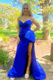 Royal Blue V-Neck Strapless Mermaid Split Front Prom Dresses with Bow