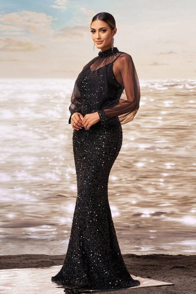 Black Sequined Mermaid Tulle Long Sleevs Evening Dresses with High Neck