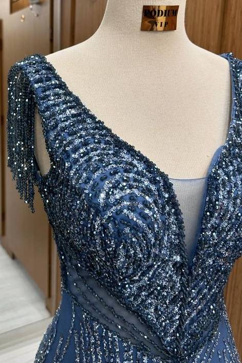 Fabulous Sequined  Sweep Train V-Neck Sleeveless Mermaid Prom Dresses with Tassel