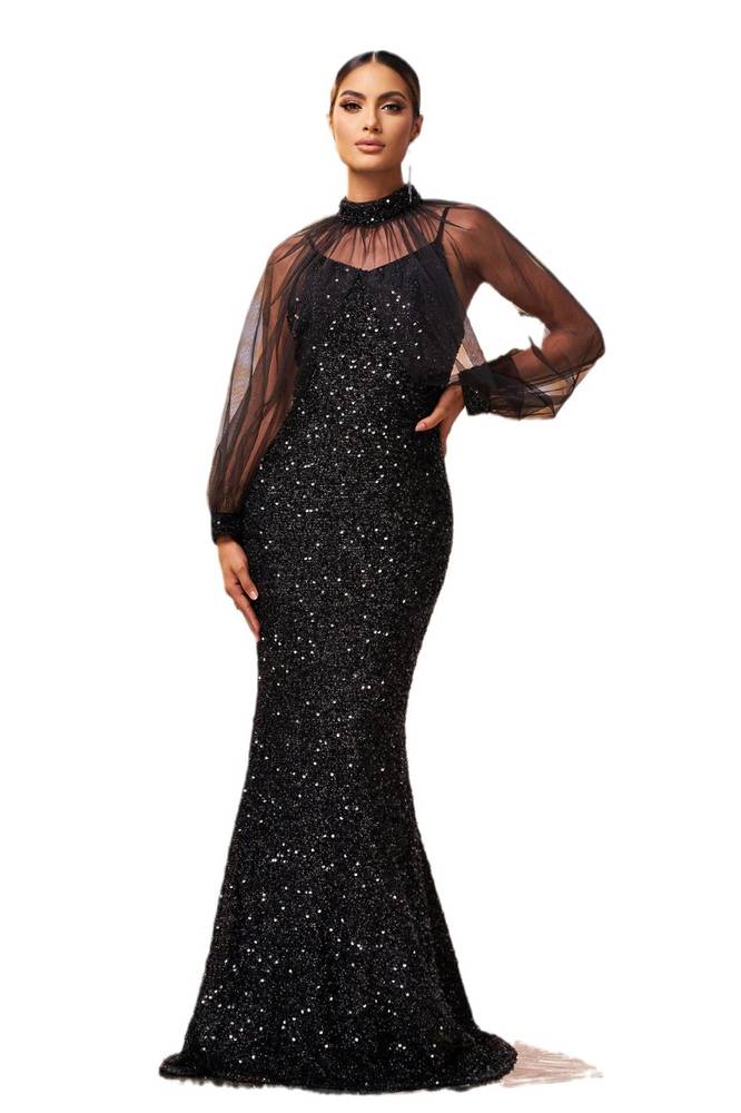 Black Sequined Mermaid Tulle Long Sleevs Evening Dresses with High Neck