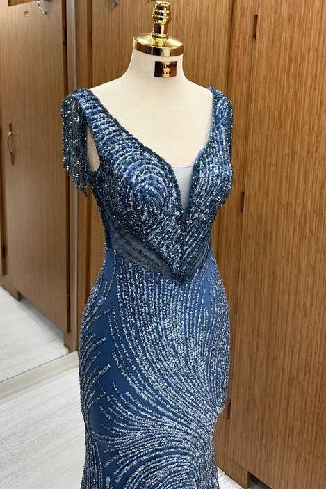 Fabulous Sequined  Sweep Train V-Neck Sleeveless Mermaid Prom Dresses with Tassel