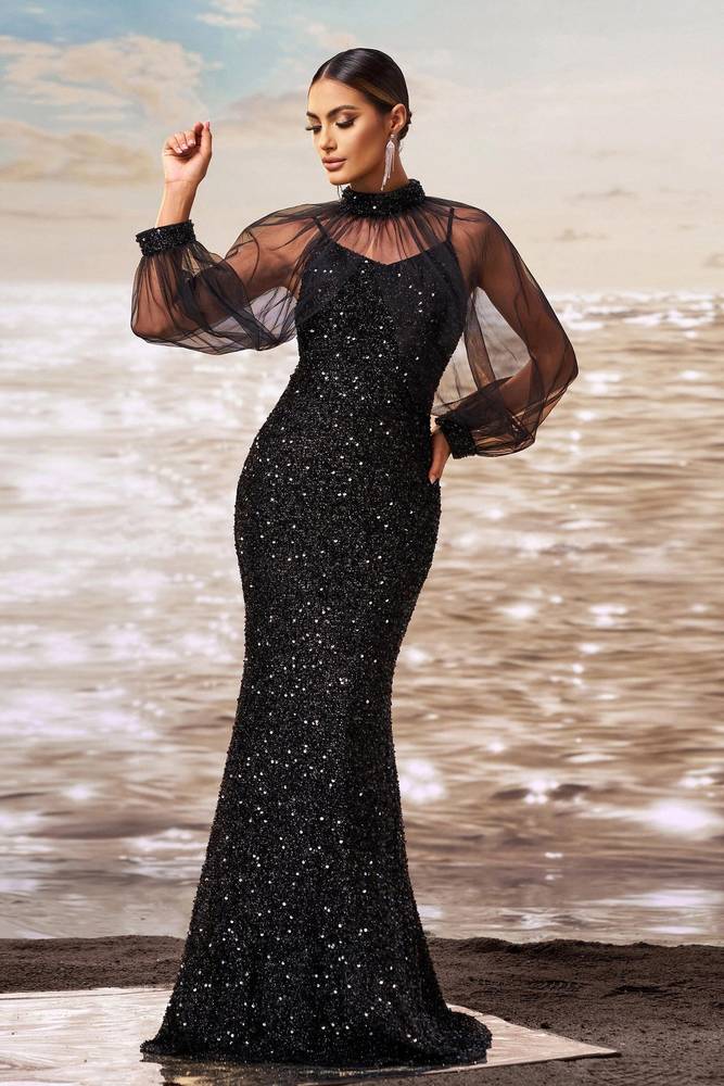 Black Sequined Mermaid Tulle Long Sleevs Evening Dresses with High Neck