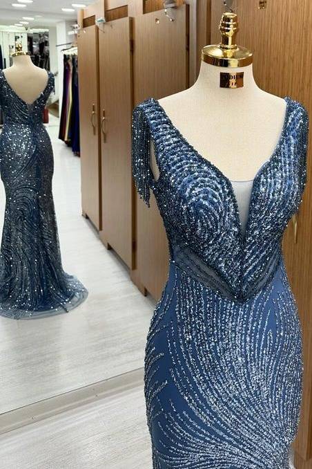 Fabulous Sequined  Sweep Train V-Neck Sleeveless Mermaid Prom Dresses with Tassel