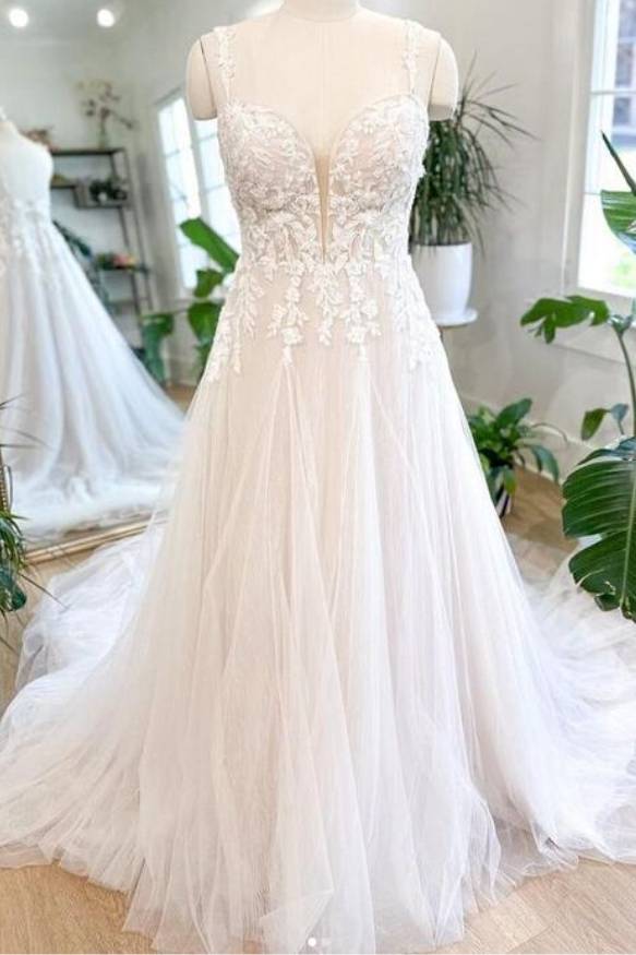 White V-Neck A-Line Sleeveless Lace Long Tulle Wedding Dresses with Appliques