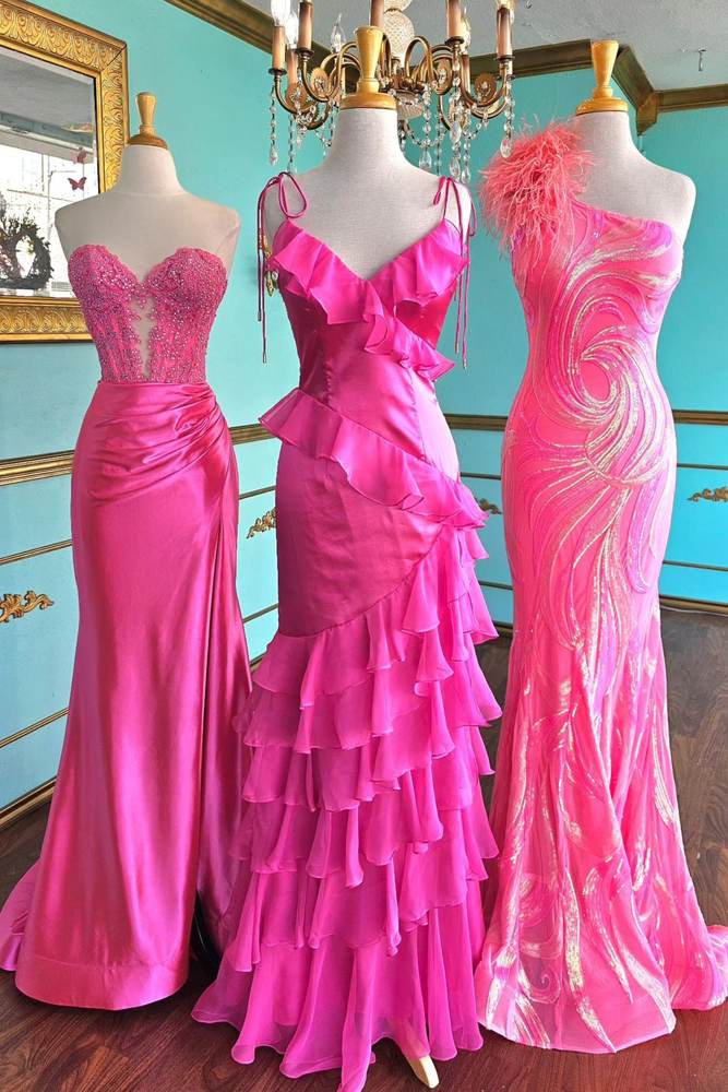 Fuchsia V-Neck Mermaid Ruffles Spaghetti Straps Tulle Prom Dresses with Slit