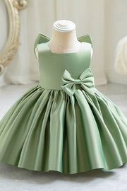 Dusty Sage Ball Gown Sleeveless Satin Flower Girl Dresses with Bow