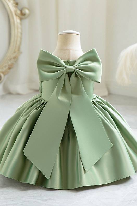 Dusty Sage Ball Gown Sleeveless Satin Flower Girl Dresses with Bow