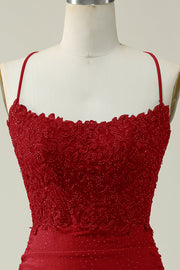 Red Sheath Spaghetti Straps Short Homecoming Dresses Lace Satin with Appliques