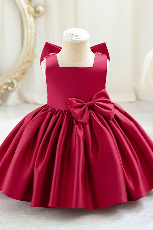 Red Ball Gown Sleeveless Satin Flower Girl Dresses with Bow