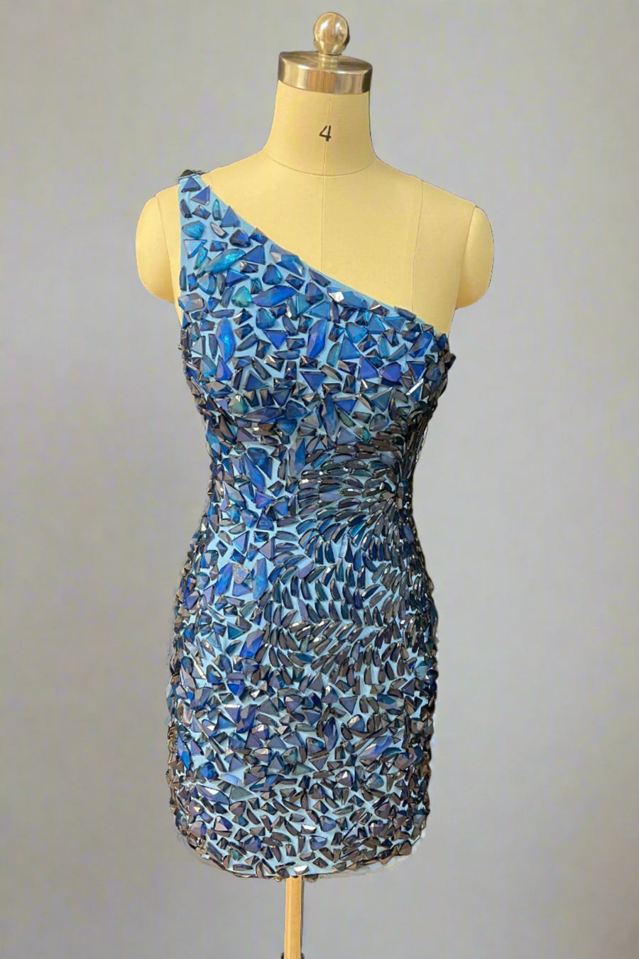 Blue Sequined Cut Glass Mirror One-Shoulder Short Sheath Homecoming Dresses