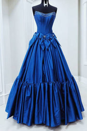 Royal Blue Floor-Length Strapless A-Line Prom Dresses with Bow