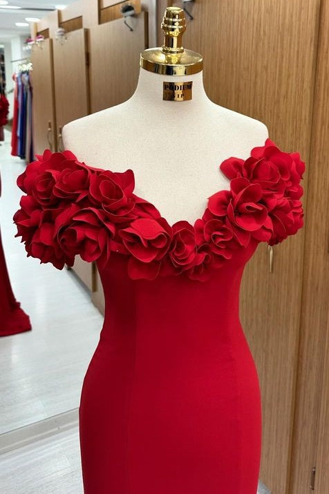 Elegant Red V-Neck Off-The-Shoulder Mermaid Floor-Length Prom Dresses