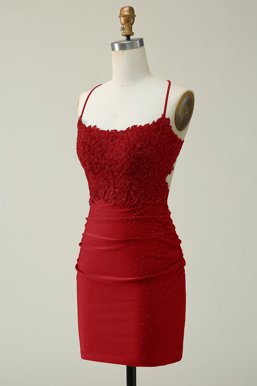 Red Sheath Spaghetti Straps Short Homecoming Dresses Lace Satin with Appliques