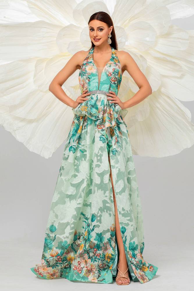 Halter A-Line Split Front Floral Evening Dresses with Rhinestones