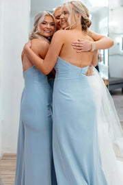 Light Blue Strapless Floor-Length Satin Mermaid Bridesmaid Dresses with Slit