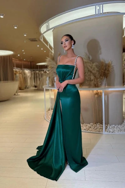 Dark Green Square Neck Mermaid Satin Formal Evening Dresses with Slit