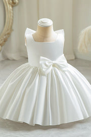 White Ball Gown Sleeveless Satin Flower Girl Dresses with Bow