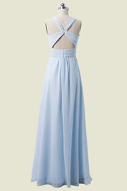 Sky Blue Sleeveless Criss Cross Straps Floor-Length Chiffon Bridesmaid Dresses