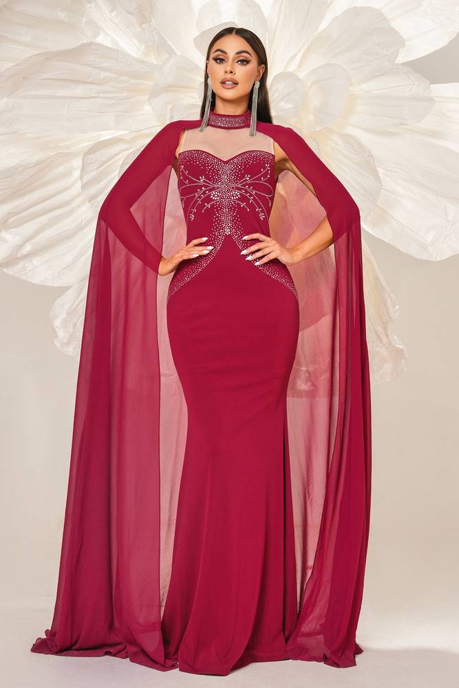 Red High Neck Mermaid Satin Evening Dresses with Watteau Train