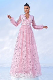 Blushing Pink V-Neck A-Line Sequin Evening Dresses with Long Sleeves