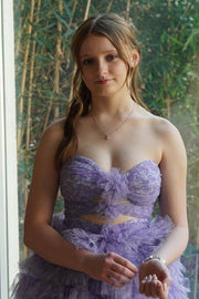 Lilac Tiered Strapless Tulle Split Front Prom Dresses with Flower