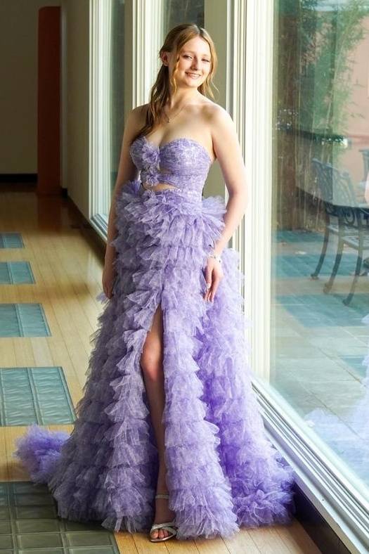 Lilac Tiered Strapless Tulle Split Front Prom Dresses with Flower