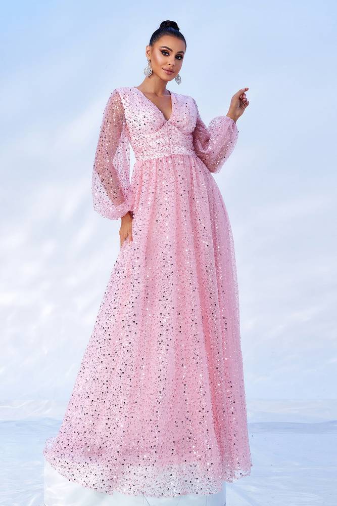 Blushing Pink V-Neck A-Line Sequin Evening Dresses with Long Sleeves