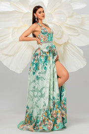 Halter A-Line Split Front Floral Evening Dresses with Rhinestones