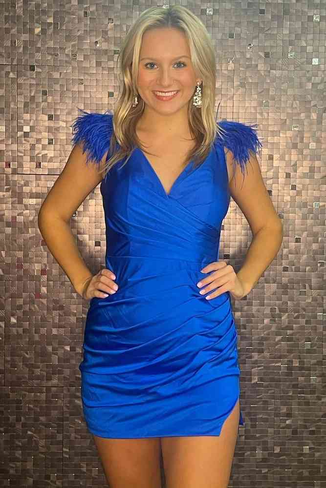 Royal Blue V-Neck Backless Sleeveless Mermaid Short Satin Homecoming Dresses with Fur