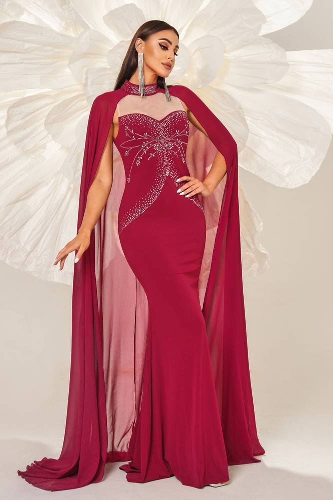 Red High Neck Mermaid Satin Evening Dresses with Watteau Train