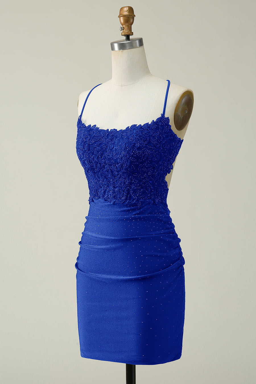 Royal Blue Sheath Spaghetti Straps Short Homecoming Dresses Lace Satin with Appliques