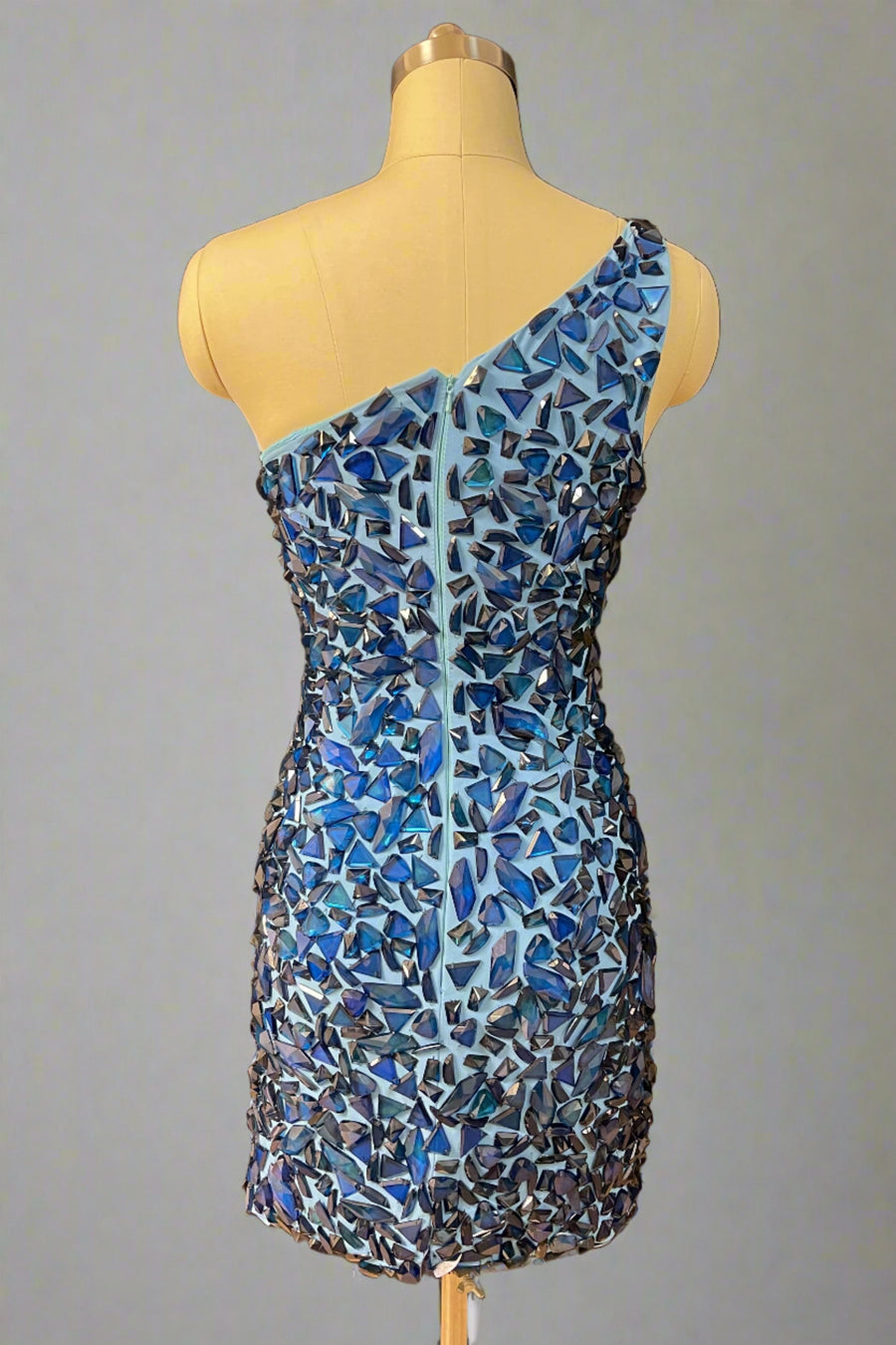 Blue Sequined Cut Glass Mirror One-Shoulder Short Sheath Homecoming Dresses