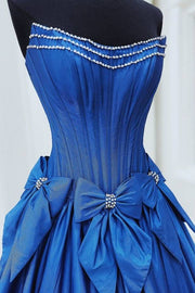 Royal Blue Floor-Length Strapless A-Line Prom Dresses with Bow