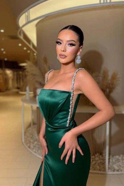 Dark Green Square Neck Mermaid Satin Formal Evening Dresses with Slit