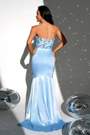 Blue Strapless Sweetheart Mermaid Satin Prom Dresses with Slit