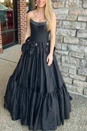 Black Floor-Length Strapless A-Line Prom Dresses with Bow