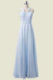 Sky Blue Sleeveless Criss Cross Straps Floor-Length Chiffon Bridesmaid Dresses