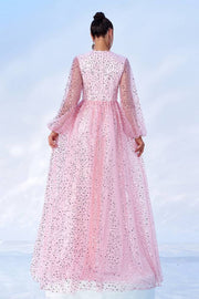 Blushing Pink V-Neck A-Line Sequin Evening Dresses with Long Sleeves