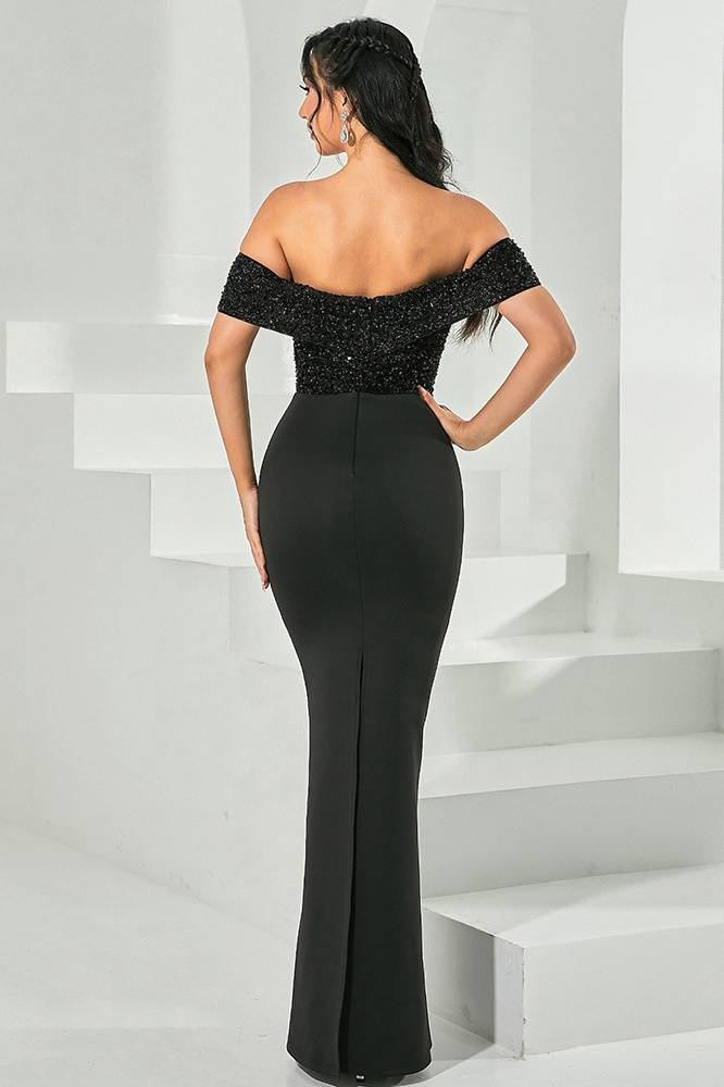 Black Off-The-Shoulder Mermaid Satin Sequin Evening Dresses