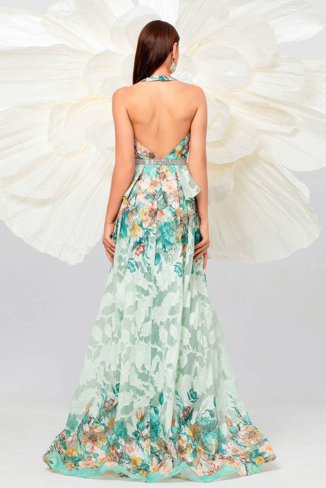 Halter A-Line Split Front Floral Evening Dresses with Rhinestones