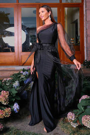 Black One-Shoulder Long Sleeves Mermaid Tulle Prom Dresses with Sash